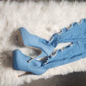 Blue jean heeled boots